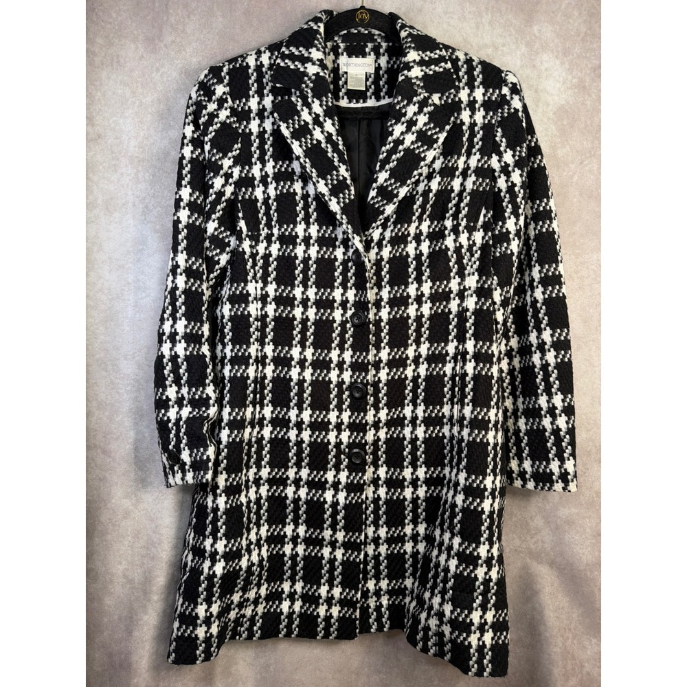 Worthington Long Coat Women 10 Black White Plaid Tweed Button Front Lined